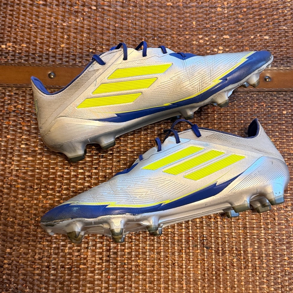 adidas Silver and Blue Soccer Cleats with Neon Yellow Accents. CrazyFast F50
